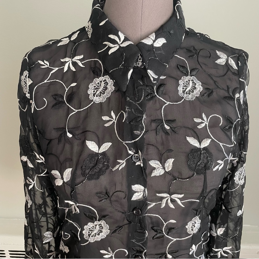 SonYa Ratay sheer floral embroidered collared button up shirt
